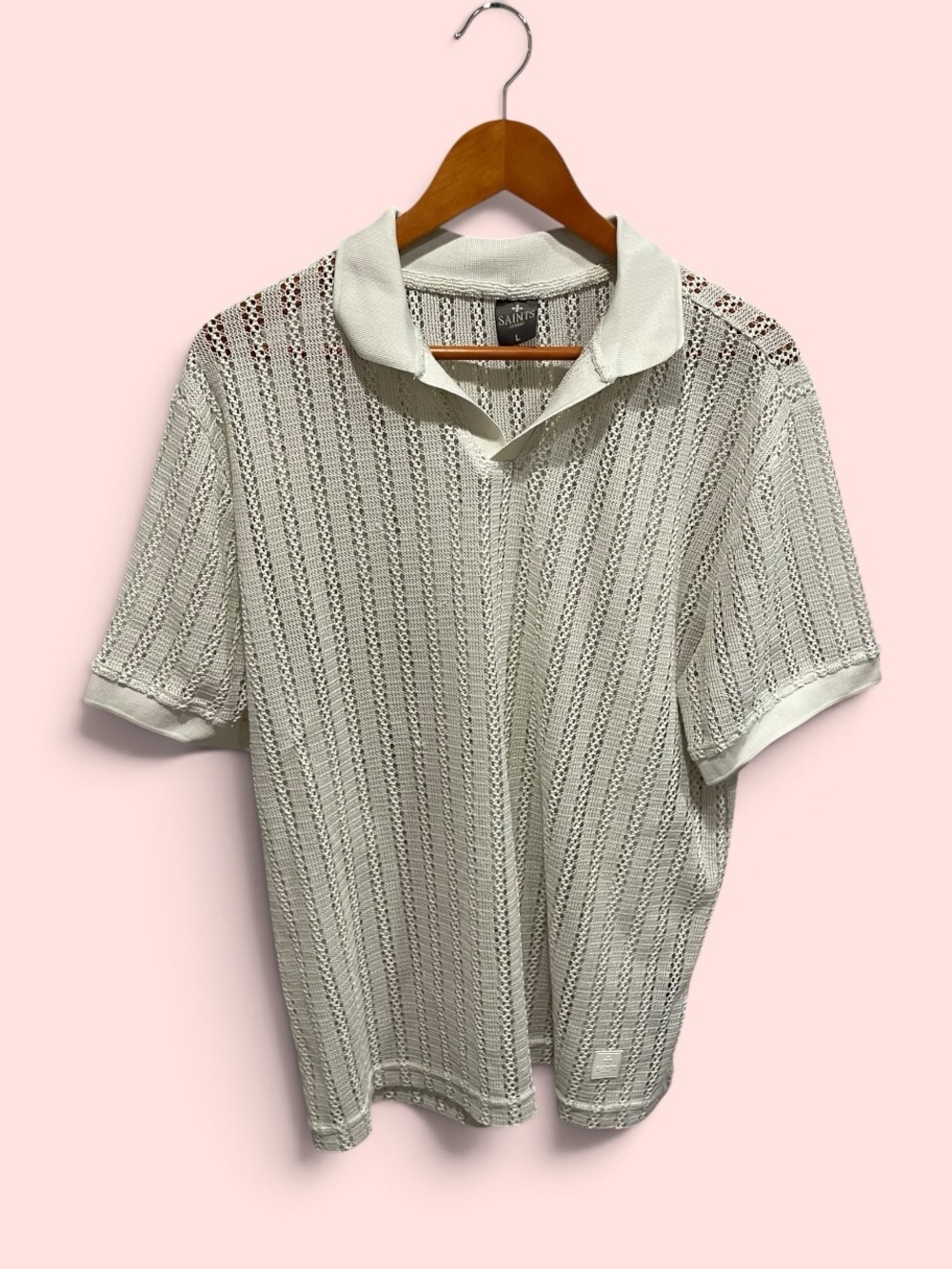 Men’s stone putty mesh open weave polo sweater Saints Studio Y2K style